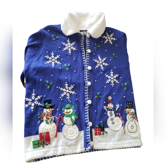 OHI Christmas Blue Sweater Beaded Snowman Snowflakes Detachable Fur Collar Sz XL - Picture 9 of 17